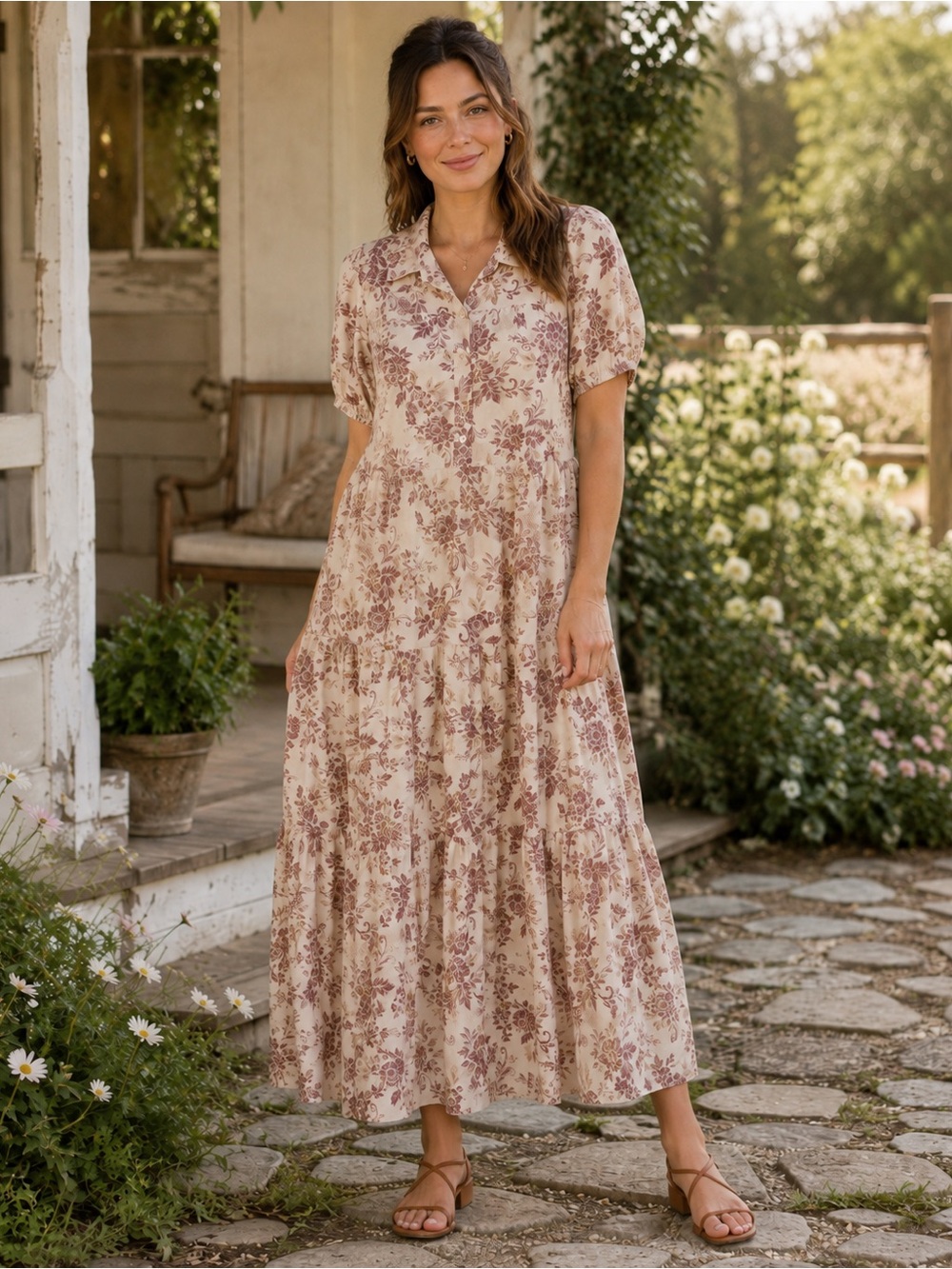 Lucky Brand Women’s Medium Floral Tiered Midi Maxi Shirt Dress Cottagecore New